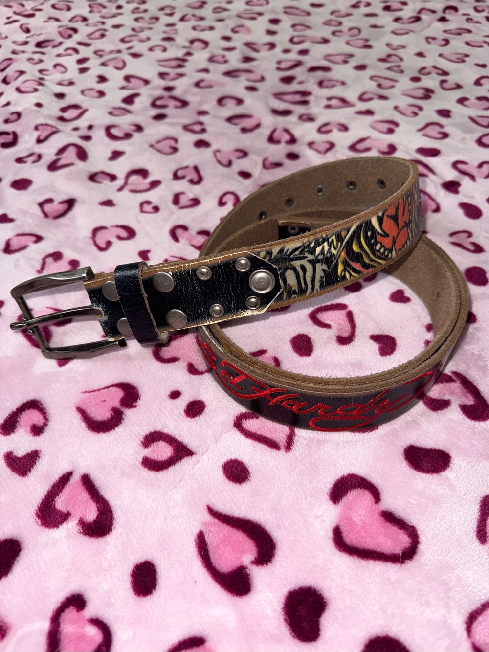 Ed Hardy Men’s Black and Red Graphic Leather Belt XL